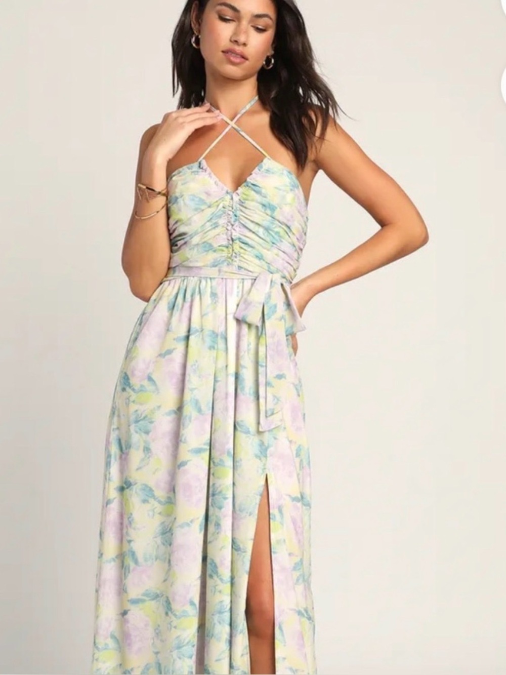 Lulu's Yellow Floral Maxi Dress with Green Leaf Print